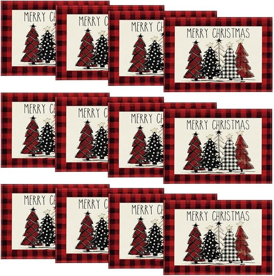Artoid Mode Red and Black Buffalo Plaid Christmas Trees Placemats Set of 12, 12x18 Inch Winter Table Mats for Outdoor Home Party Kitchen Dining Decor