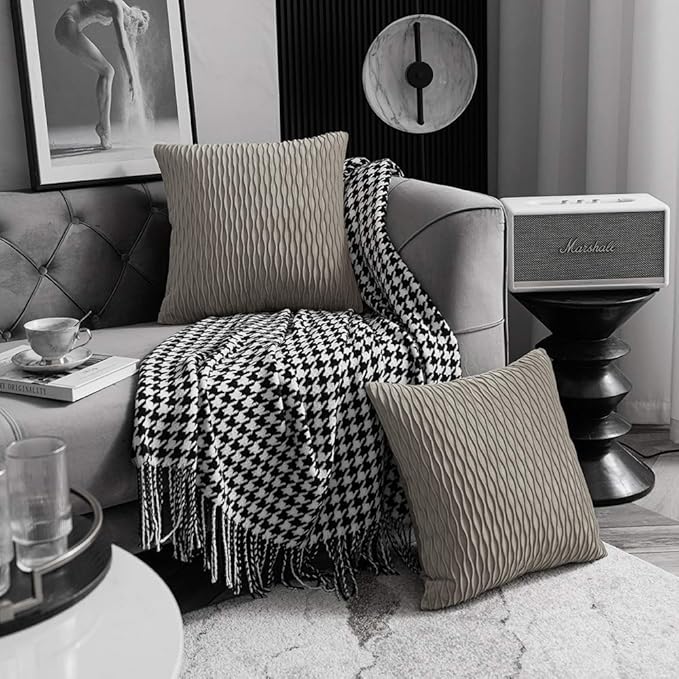 Tan Throw Pillow Cases 20x20: 2 Pack Inch Original Striped Velvet Square Decorative Pillow Covers for Farmhouse Couch