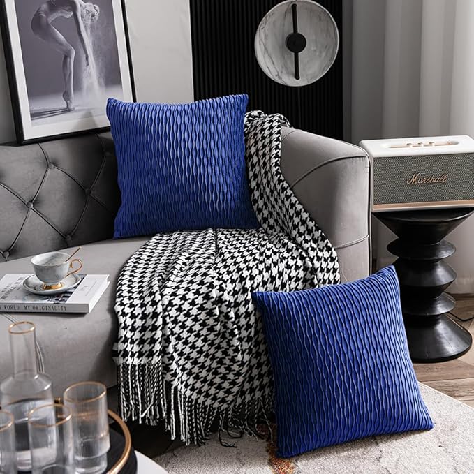 18x18 Blue Throw Pillow Covers: 2 Pack Original Striped Velvet Square Decorative Pillow Cases for Farmhouse Couch