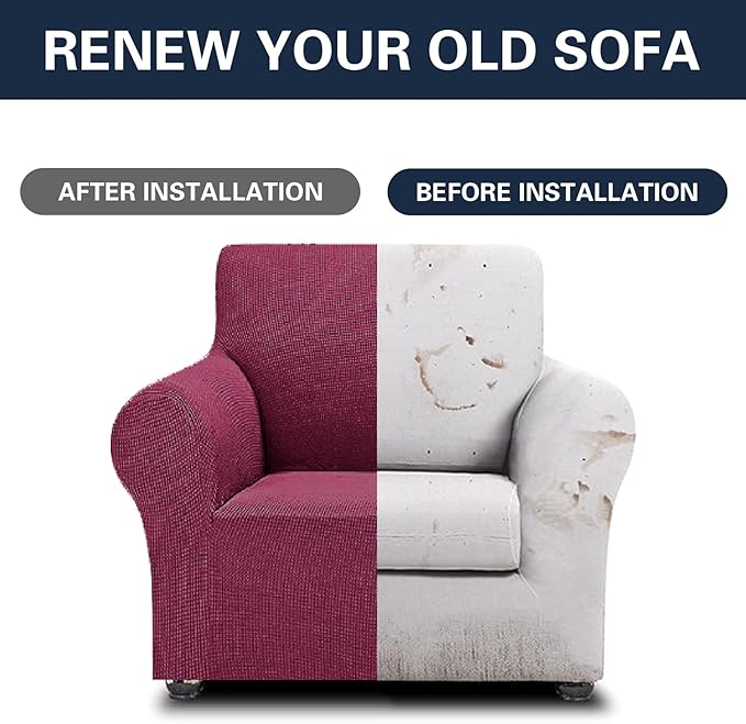 Cupuamon 2025 New Stretch Chair Sofa Slipcovers Couch Cover for 1 Seater Furniture Protector Sofa Covers with Elastic Bottom Jacquard Fabric Small Checks for Pets, Kids - Wine