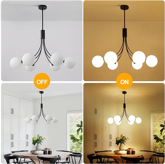 Black Sputnik Chandelier,6-Light Modern Mid Century for Dining Room Light Fixtures Over Table,Adjustable Hanging Ceiling Light Fixture with Globe Glass Shades for Kitchen Island Living Room Bedroom