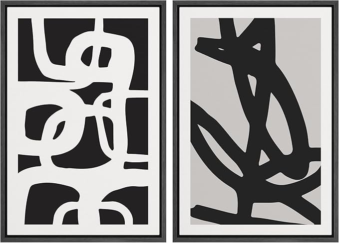 SIGNWIN Framed Canvas Print Wall Art Set Black White Geometric Dark Ring Collage Abstract Shapes Illustrations Modern Art Minimal Boho Relax/Calm for Living Room, Bedroom, Office - 24"x36"x2 Black