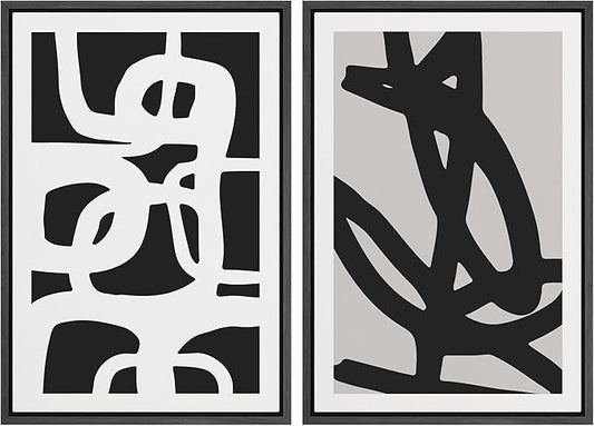 SIGNWIN Framed Canvas Print Wall Art Set Black White Geometric Dark Ring Collage Abstract Shapes Illustrations Modern Art Minimal Boho Relax/Calm for Living Room, Bedroom, Office - 24"x36"x2 Black