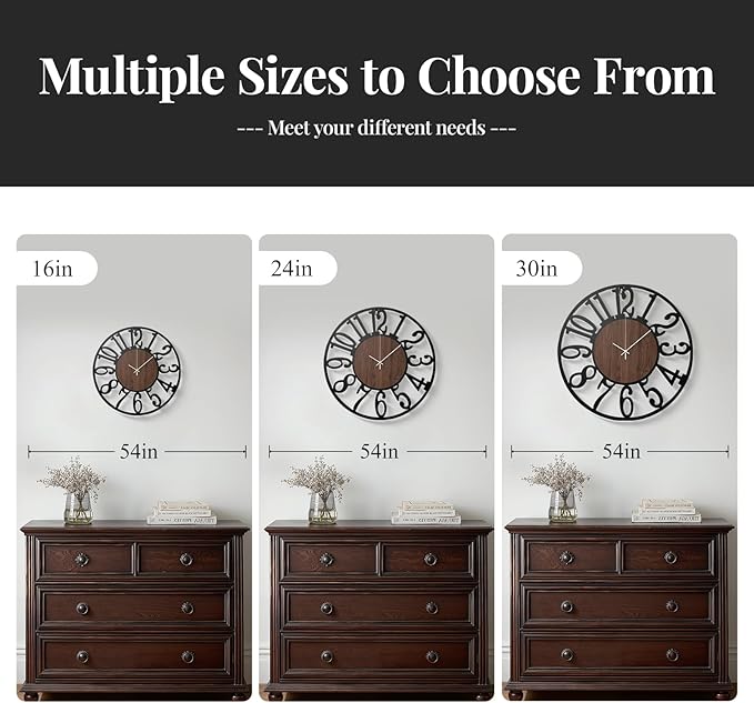 Cuspin 24 inch Large Wall Clock for Living Room Decor, Decorative Metal and Wood Wall Clock Battery Operated Silent Non Ticking, Modern Farmhouse Black Round Big Clocks -Arabic Numerals