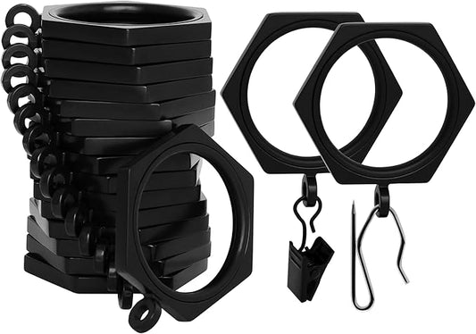 BlastHome® Luxury Curtain Rings - Premium Metal with Quiet, Smooth Nylon Inserts - Pinhooks and Clips Included - 1 1/2" Inside Diameter - 18 Rings for Two Standard Curtains - Tuxedo Black