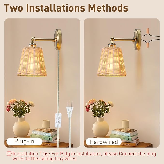 Rattan Wall Sconce Plug in, Hand-Woven Wicker Lampshade Wall Sconces Set of Two, Indoor Wall Lamp, Boho Sconces Set for Bedroom Living Room Corridor Plug-in or Hardwired