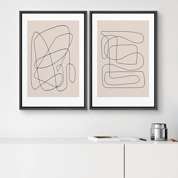 SIGNWIN Framed Wall Art Print Set Line Art Thin Lines Over Plain Tan Background Abstract Swirly Digital Art Modern Art Mid-Century Modern Expressive for Living Room, Bedroom, Office - 24"x36"x2 Black
