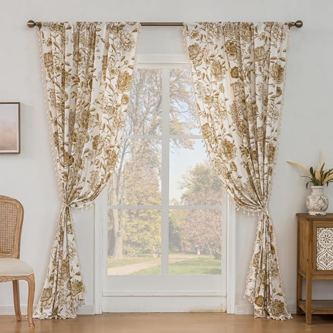 F-CHU Vintage Floral Curtains Bohemian Drapes 72 Inch Length Cotton Linen Boho Window Curtain with Tassel Rod Pocket Bedroom Macrame Drapes Flower Curtains, 2 Panel 55" W x 72" L