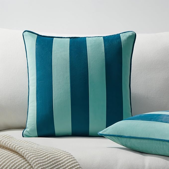 MONDAY MOOSE Decorative Throw Pillow Covers Cushion Cases, Set of 2 Soft Velvet Striped Piping Edge Designs, Pillow Inserts Not Included (Blue/Light Blue, 18x18 inch)