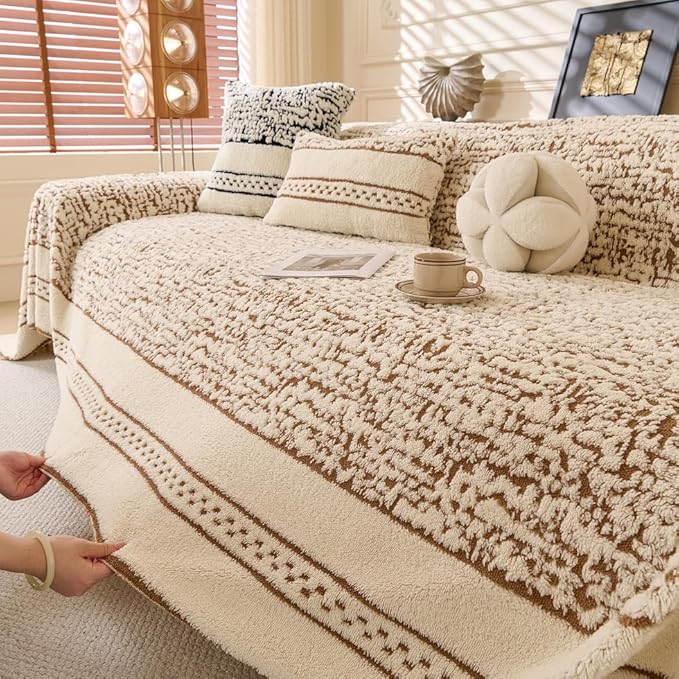ROOMLIFE Thicked Striped Boho Khaki Couch Cover for 2-3 Cushion Sofa, Fuzzy Plush Warm Sofa Slipcovers Sectional Sofas Covers, Non Slip Washable Furniture Protector Soft with Tassel,Winter 71''X118”