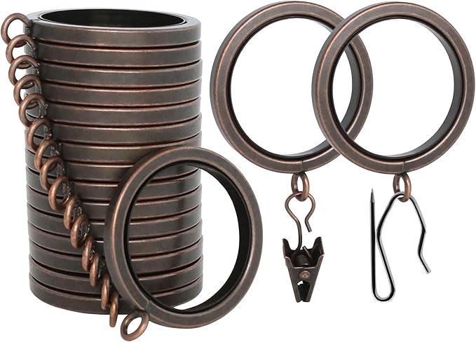 BlastHome® Luxury Curtain Rings - Premium Metal with Quiet, Smooth Nylon Inserts - Pinhooks and Clips Included - 1 1/2" Inside Diameter - 18 Rings for Two Standard Curtains - Oil Rubbed Bronze