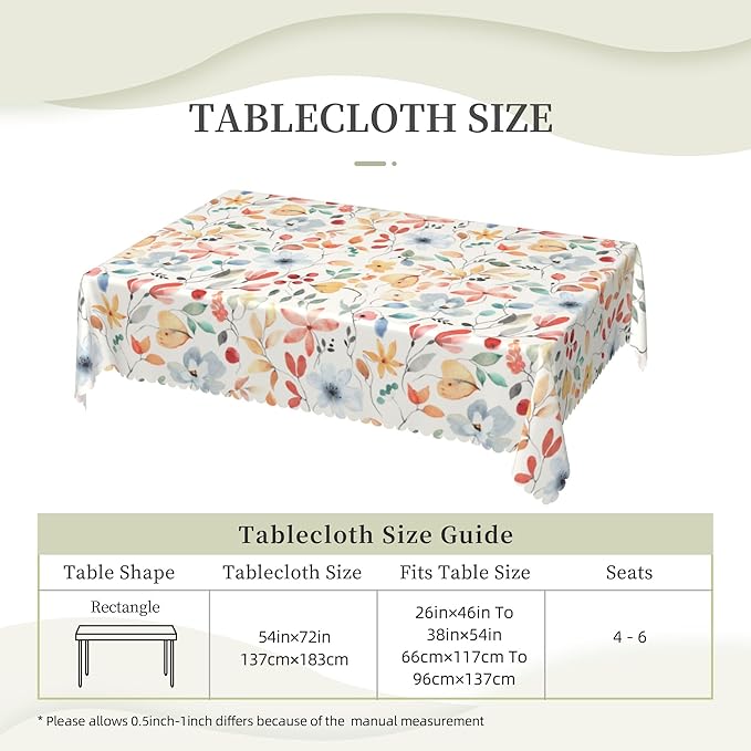 Watercolor Flower Tablecloth Aesthetic Floral Rectangle Tablecloth Floral Botanical Style Table Cover 54×72 Inch Washable Table Cloth for Kitchen Dining Room Party Decoration
