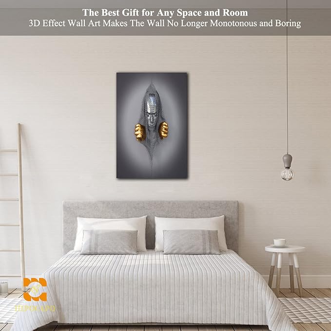 HIPOCAPO 3D Metal Effect Wall Art - Decor Artwork Silver Figure Statue Modern Canvas Painting, Framed Gold for Living Room 18''x24''x1Pcs 3d Art-18