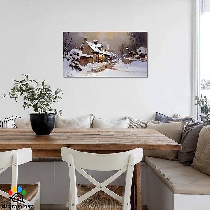 GUTTATY Christmas Winter Scene Canvas Wall Art, Snowy Village Canvas Prints, Cozy Town Holiday Picture Wall Decor, Rustic Winter Landscape Poster for Living Room Bedroom, 16x8 Inch