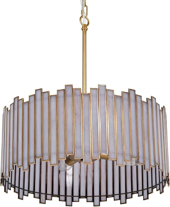 Drum Chandelier 4-Light, Brass Gold Tiffany Pendant Lighting Fixture with Stained Grey Glass Shade, 16” Round Ceiling Hanging Lamp for Bedroom Dining Room Kitchen Entryway Living Room