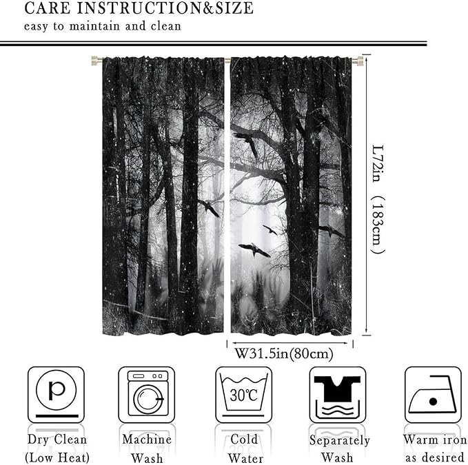 Gothic Forest Blackout Curtains, Foggy Forest Dead Trees Crow Halloween Style Black White Scary Print Window Treatments, for Bedroom Living Room 31.5(W)*72(L) 2 Panels