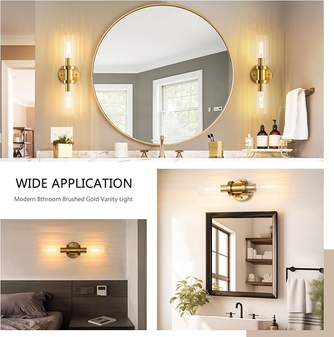 Gold Wall Sconces Set of Two, 17.5 inch Brushed Gold Vanity Light with Stripped Glass Shade, Indoor Wall Lights for Mirror, Bathroom, Kitchen, Living Room（2 Pack）