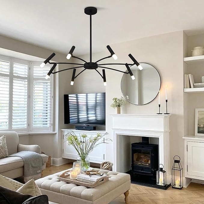 KCO Lighting 8 Light Black Metal Light Fixture Modern Foyer Chandelier Lighting Mid Century Industrial Sputnik Chandeliers Contemporary High Ceiling Chandelier Lights for Dining Room