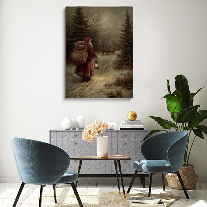 Old World Santa and Reindeer Wall Art,Vintage Christmas Portraits Painting,Cozy Winter Wall Decor,Antique Christmas Print,Holiday Artwork
