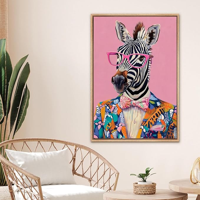 Eeuqiauot Zebra Canvas Wall Art Trendy Pink Poster Zebra with Glasses Wall Art Funny Animal Painting Retro Pink Poster Animal Fashion Picthre for Bedroom 16x24inch Unframed