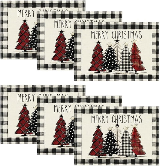 Artoid Mode Waterclor Buffalo Plaid Christmas Trees Placemats Set of 6, 12x18 Inch Winter Table Mats for Outdoor Home Party Kitchen Dining Decor