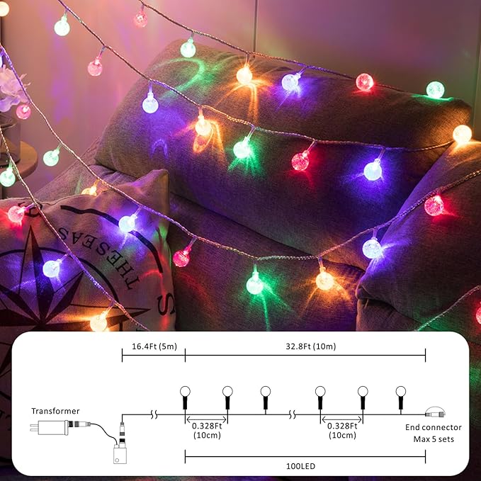 Ogrmar 49 ft 100 LED Globe Ball String Lights 8 Modes Crystal Bubble Ball String Lights with Remote, Timer Function & Connectable for Indoor Outdoor Wedding Christmas Garden Decor (100, Multicolor)