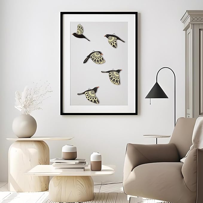 Vumyhuby 5 Pcs Black Wooden Bird Wall Art | Rustic Folk Art Wall Decor for Indoor Use | Handcrafted Wood Flying Birds Wall Hangings for Living Room, Bedroom, Kitchen, Office | Scandinavian Home Decor Gift