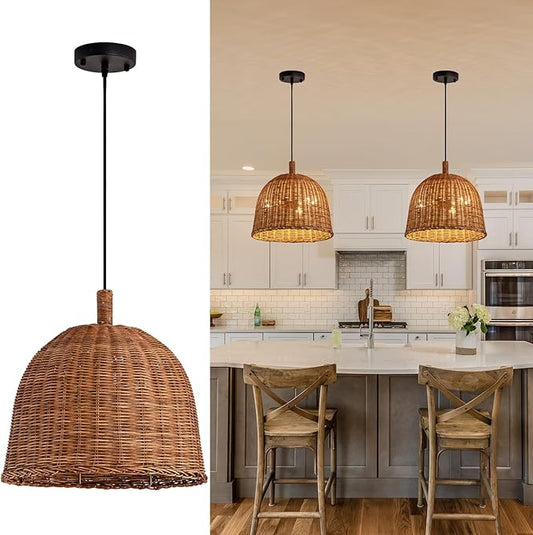 Farmhouse Rattan Pendant Light, 13.8IN Rustic Weaving Wicker Dining Room Light, Boho Ceiling Chandelier Bracket Hanging Lamp Fixture for Living Room Bedroom Kitchen Island Entry Hallway