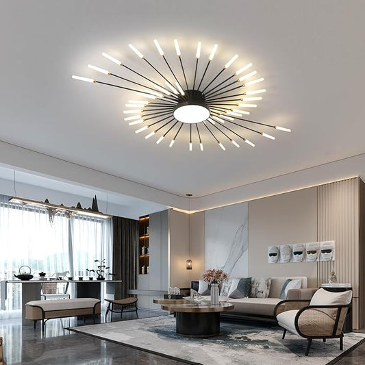 JAYMP Ceiling Light Modern Flower Shape Ceiling Lamp for Living Room Dining Room Flush Mount Metal Acrylic Sputnik Firework Petal LED Lighting Fixture (Matte Black, 42+1 Lights)