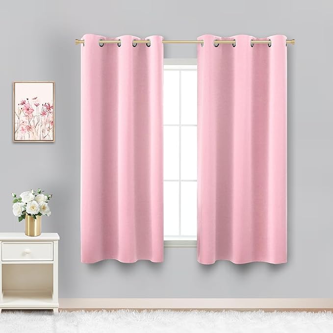 KOUFALL Pink Short Blackout Curtains for Girls Room Kids Bedroom Window, 45 Inch Length, Bubble Gum Pink Black Out Nursery Curtains Girl, Cute Privacy Bathroom Window Curtains