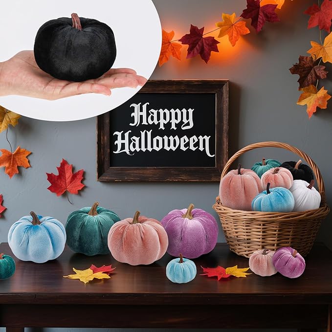 12 Pcs Autumn Artificial Velvet Pumpkins Set Halloween Faux Kitchen Cloth Fall Harvest Foam Farmhouse Porch Table Wedding Decorative Black