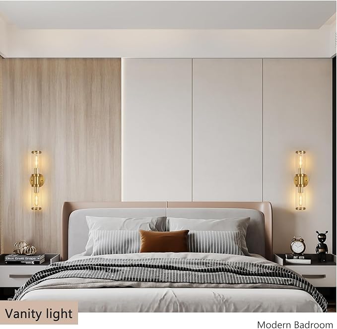 17.5 inch Gold Wall Sconces, Modern Wall Sconces Lighting with Clear Glass Shade, 2-Light Gold Vanity Light Wall Lamp for Mirror Bathroom Kitchen Living Room