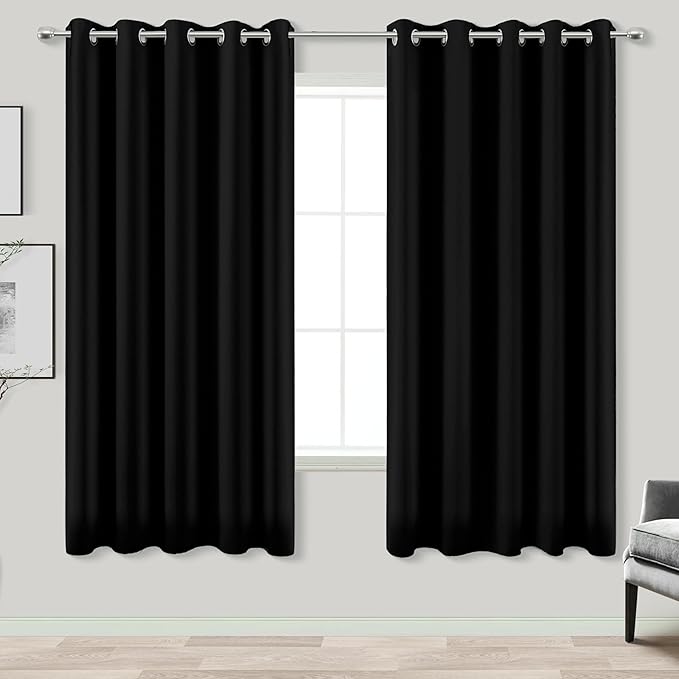 KOUFALL Black Curtains for Bedroom 63 Inch Length x 72 Inches Wide,Room Darkening Black Out Curtain 72x63 Inches Long