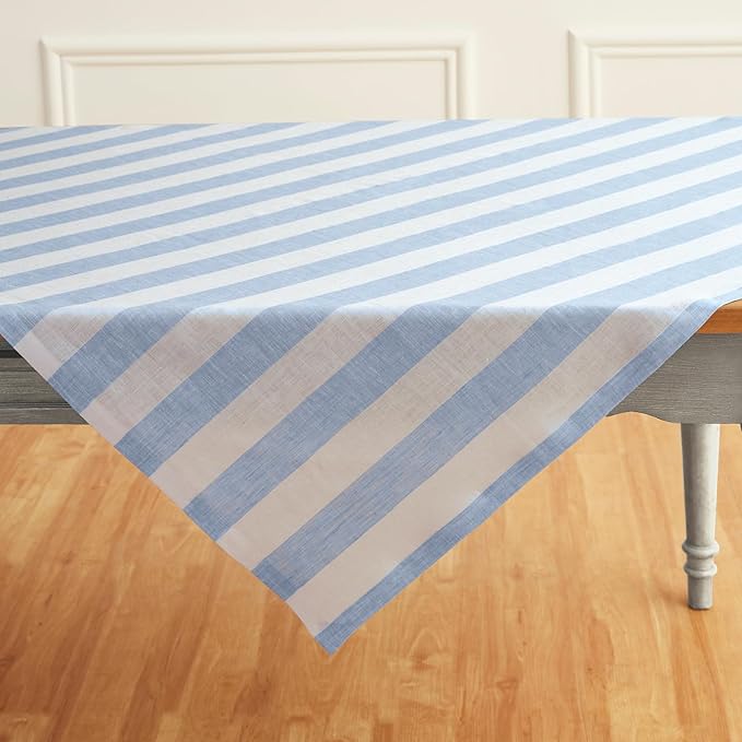Solino Home Linen Square Tablecloth 52 x 52 Inch - Cabana Stripe, 100% Pure Linen Sky Blue and White Table Throw - Machine Washable Tablecloth for Christmas