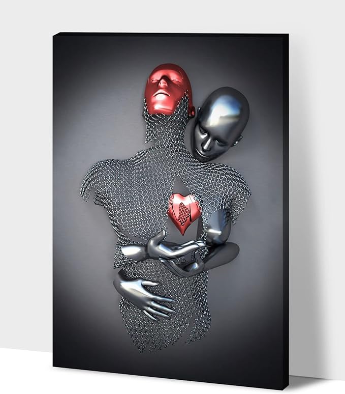 3D Wall Art - Love Heart 3D Metal Canvas Art, Silver 3D Metal Canvas Art 3D Canvas Art Wall Decor for Modern Living Room, Framed Romantic Couple Living Room Canvas Wall Art 28”x40”x1Pcs
