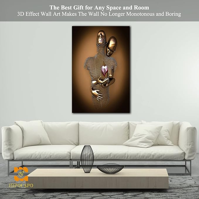 HIPOCAPO 3D Metal Effect Wall Art - Love Heart 3D Metal Canvas Art, Gold 3D Metal Canvas Art Decor for Modern Living Room, Framed Romantic Couple Living Room Canvas Wall Art 28''x40''x1Pcs