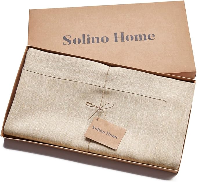 Solino Home Linen Tablecloth 60 x 132 Inch - 100% Pure Linen Champagne Beige Table Cloth for Rectangle Tables - Athena, Machine Washable Tablecloth for Fall, Autumn, Thanksgiving, Christmas, Holiday