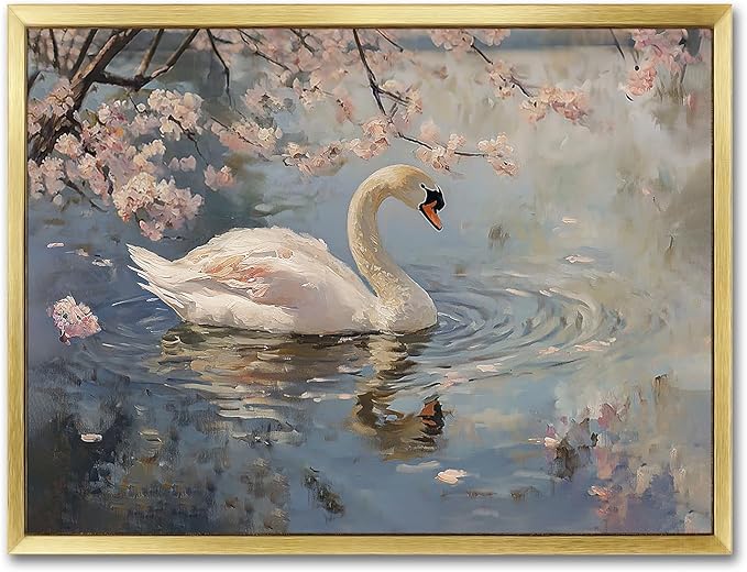 AIMAILON Vintage Gold Canvas Wall Art Framed Decor for Living Room Gallery White Swan Animal Print Pictures Classical Pink Flower Lake Background Aesthetic Artwork Home Decoration 12x16