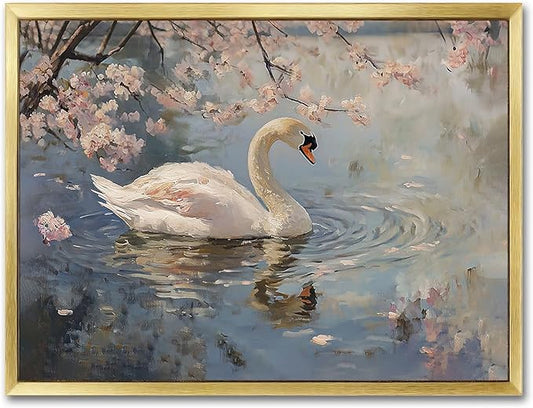 AIMAILON Vintage Gold Canvas Wall Art Framed Decor for Living Room Gallery White Swan Animal Print Pictures Classical Pink Flower Lake Background Aesthetic Artwork Home Decoration 12x16