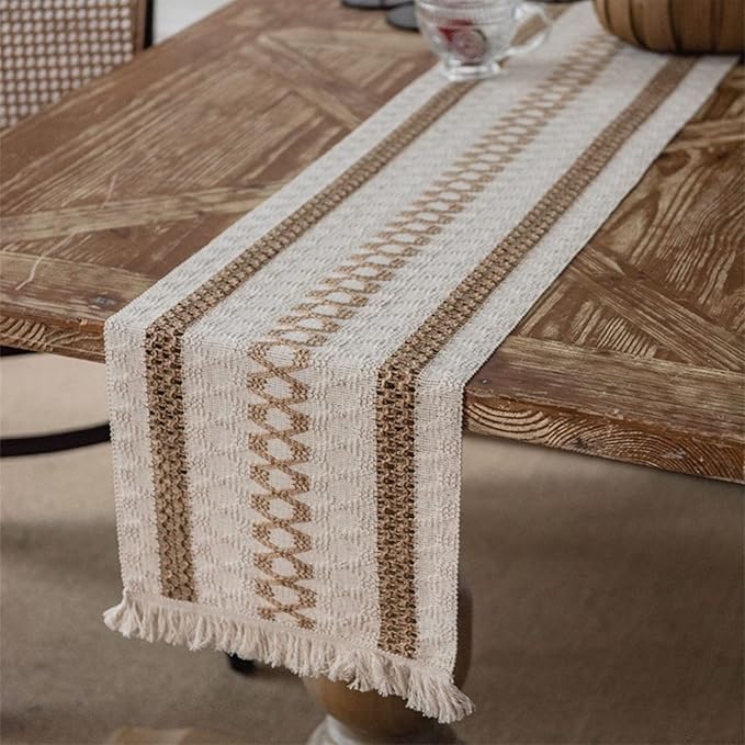 Boho Burlap Macrame Table Runner, Farmhouse Style Cotton Linen Rustic Woven Table Runner with Tassels for Dining, Wedding, Bridal Shower, Bohemian (12x72 inch, Coffee Lines)