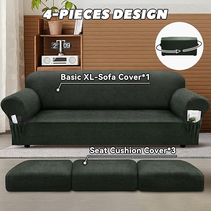 Sofa Slipcover with Armrest Pockets 4-Piece Set, Stretch Faux Leather Extra Large Couch Covers for 3-Cushion Couches(Fits 98-112") - Machine Washable, Pet & Kid Friendly - Military Green