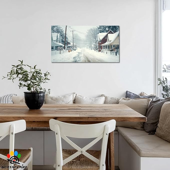 GUTTATY Christmas Winter Scene Canvas Wall Art, Snowy Neighborhood Pictures, Home Canvas Artwork, Subtle Poster Print, Cozy Wall Decor for Living Room, Bedroom, Holiday Hanging Artwork, 40x20 Inch
