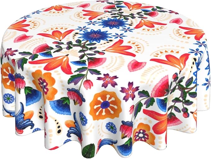Mexican Round Tablecloth, Traditional Floral Tile Dia De Los Muertos Azulejo Mosaic Mexico Water Resisitant Table Cover for Dining Kitchen Living Room Home Party Holiday Decor 36 inch Round