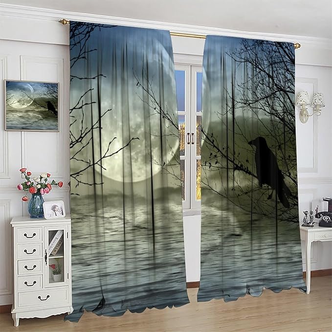 Gothic Crows Blackout Curtains, Vintage Moon Misty Tree Woodland Lake Water Raven Black Crow Retro Rustic Window Drapes, for Living Room Bedroom 31.5(W)*72(L) 2 Panels