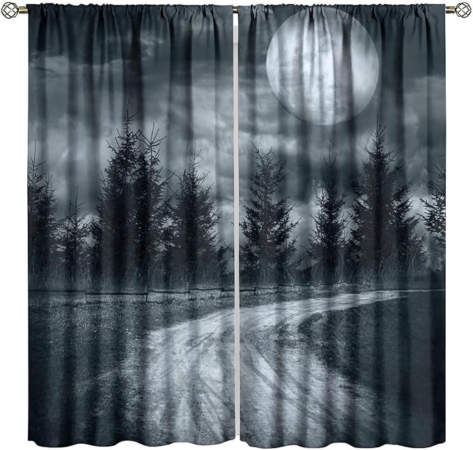 Gothic Horror Forest Blackout Curtains, Terrible Jungle Dark Fantasy Night Mysterious Rustic Tree Gothic Halloween Window Drapes, for Living Room Bedroom 21(W)*45(L) 2 Panels