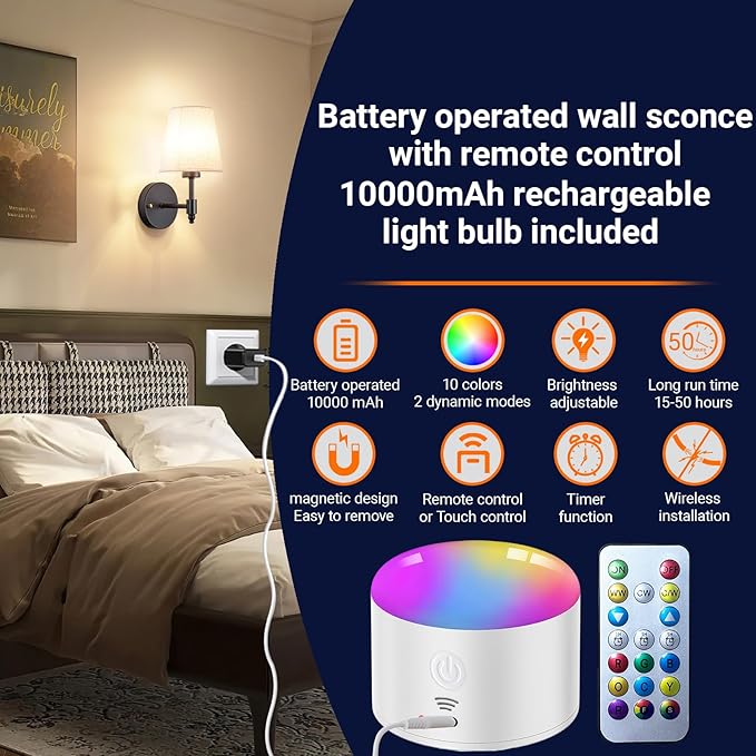 Battery Operated Wall Sconces Set of Two, Indoor Wireless Wall Mounted Lamp with 10000mAh Dimmable Bulb and Remote, RGB Colors Rechargeable Wall Light for Bedroom Living Room Decor