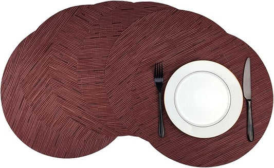 WAZAIGUR Round Placemats Set of 6 Woven Vinyl Easy to Clean Heat Resistant Kitchen Table Mats 15 Inch(Wine Red 6)