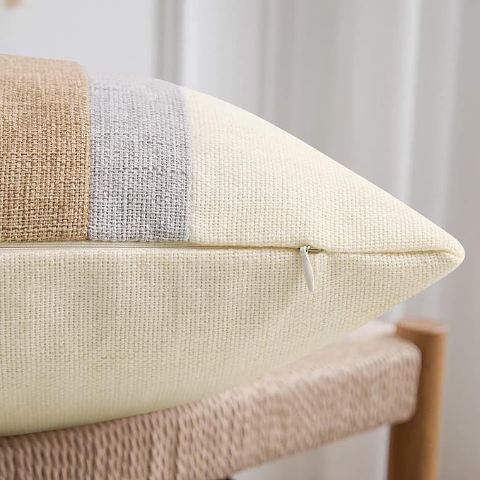 Pyonic Pack of 2 Boho Pillow Covers Farmhouse Decorative Square Pillowcases for Couch Sofa Living Room Outdoor Decor,Cream White and Grey,18 x 18-Inch