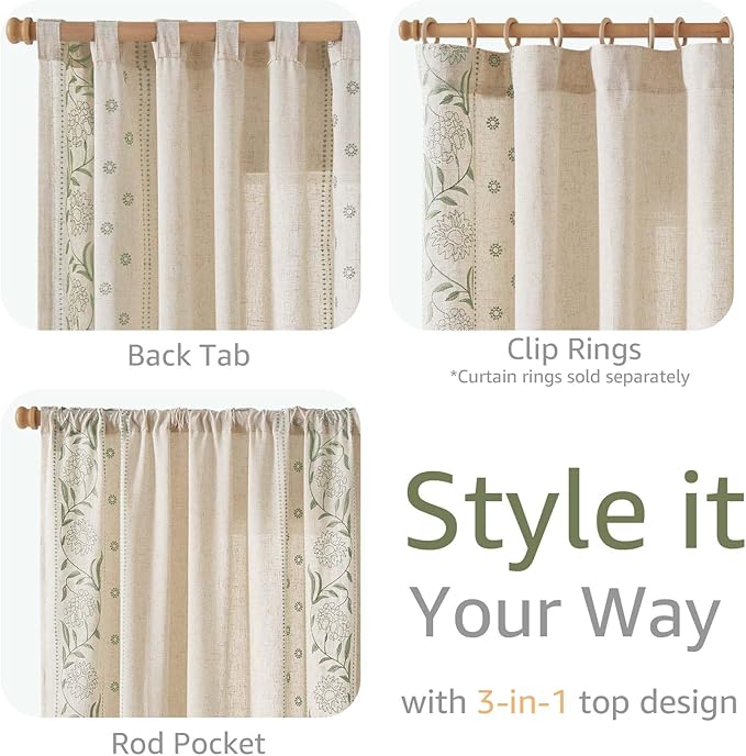 jinchan Winslow Linen Curtains for Bedroom 63 Inches Length Embroidered Bordered Floral Curtains for Living Room Farmhouse Decor Light Filtering Window Treatments Sage on Beige Drapes 2 Panels