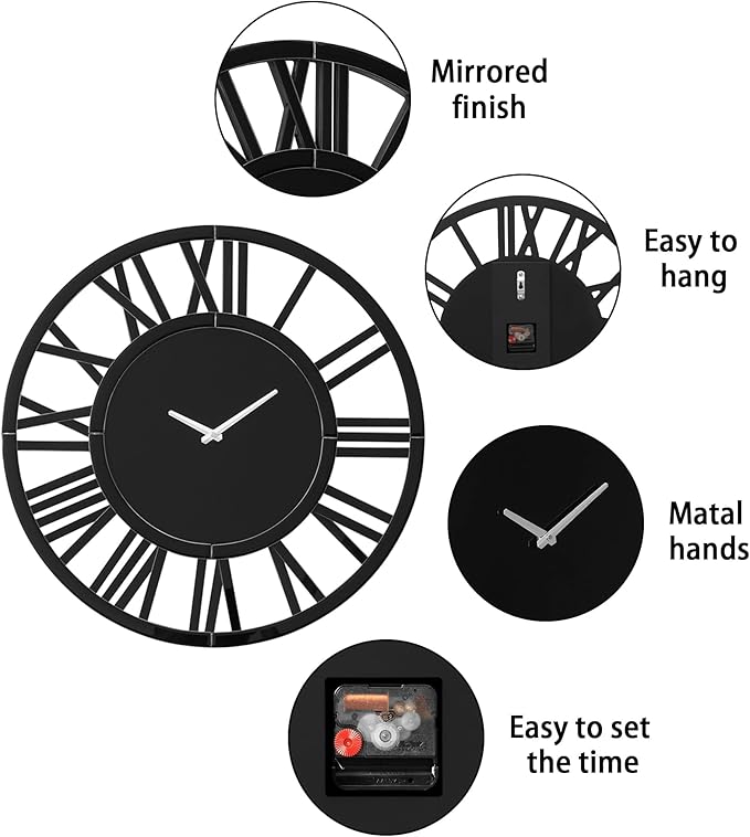 SHYFOY Large Wall Clock - 23.6" Modern Black Wall Clock with Roman Numerals, Decorative Wall Clocks for Living Room, Bedroom, Office - Easy to Hang, Silent Non-Ticking